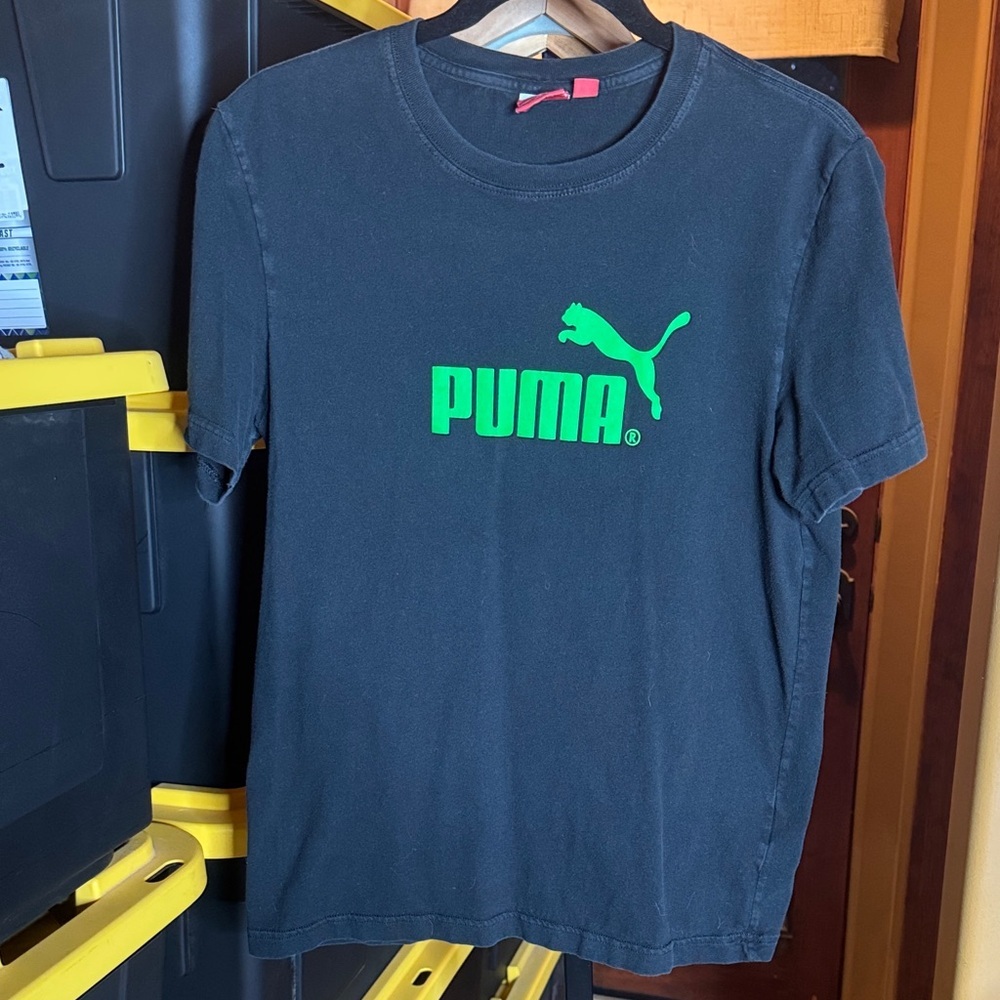 Puma Black Tee with Vibrant Green Logo Size Small